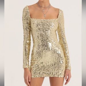 Lucy in the Sky Sequin Mesh Dress in Gold